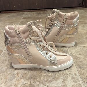 Aldo Women's Beige and Silver High-Top Sneakers Size 7.5